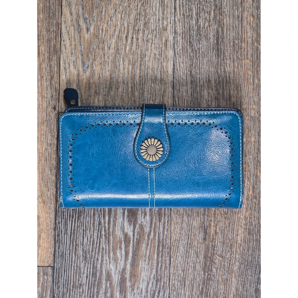 Boho Teal Blue Faux Leather Sunflower Bifold Wallet with Zip Pocket